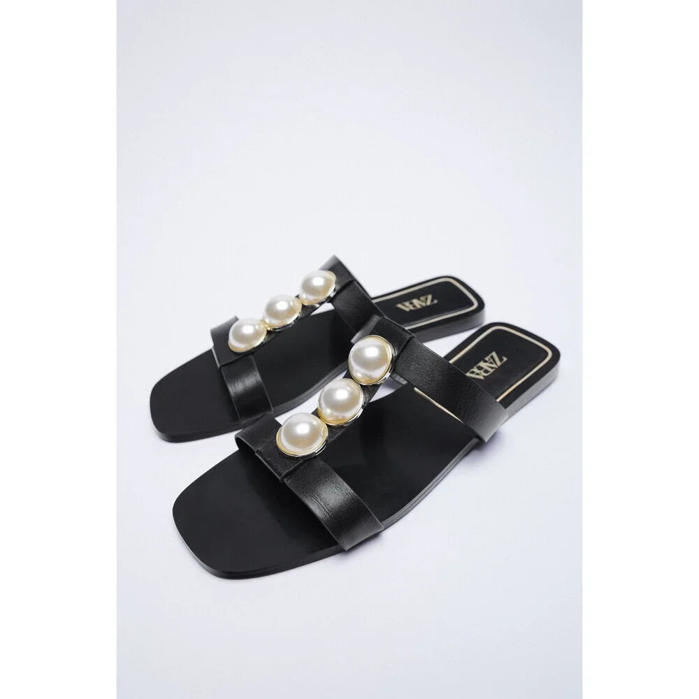 Black Zara Pearl Embellished Leather Flat Slip-On Slides Sandals (NWT)